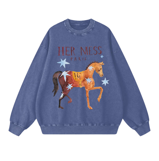 MAKU| HER MESS ACID WASH CREW BLUE