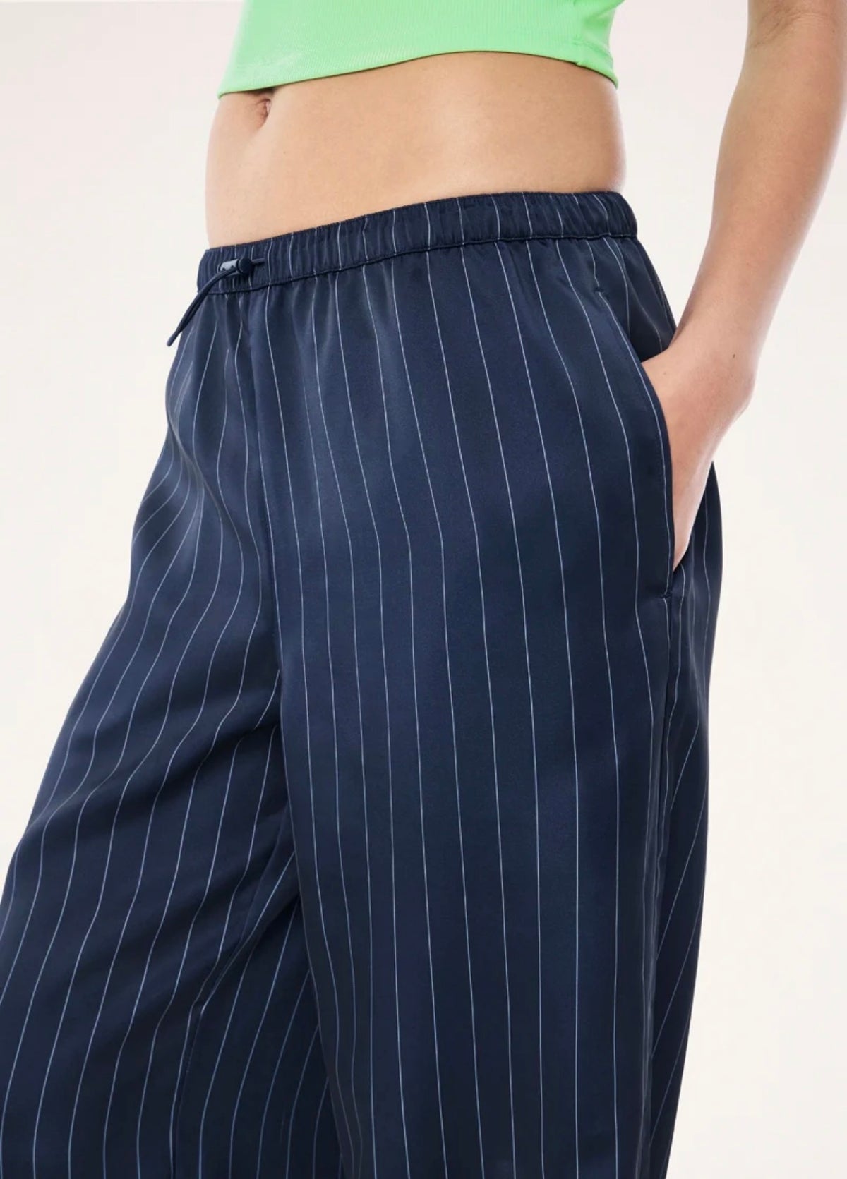 PE NATION | Balance Satin Pant In Dark Navy Pinstripe