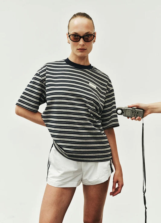 PE NATION | Oversized Spark Tee In Dark Navy Stripe